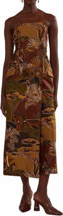 Farm Rio Savana Dream Strapless Button Midi Dress In Caramel