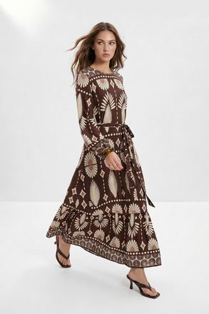 Trendyol Modest Dames Bruin Etnisch patroon Maxi Lang A-lijn Modest Jurken