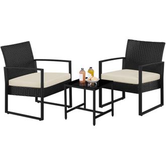 Yaheetech Yaheetech - Set Mobili da Giardino in Poly Rattan 2 Sedie e Tavolino da Balcone con Cuscini Esterno Interno Nero/Beige