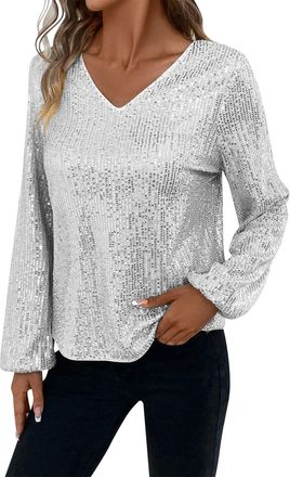 Generic Sparkly Sequin Tops for Women UK Glitter Metallic Shiny Tunic Top Elegant Long Sleeve V Neck Blouses Night Club Party Wedding Wedding Loose Baggy Shim