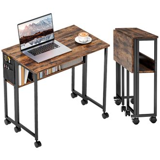 HOMCOM 80 Cm Foldable Computer Desk On Wheels For Small Spaces - Rustic Brown | TJ Hughes