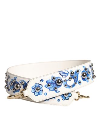 Dolce & Gabbana White Blue Floral Leather Stud Shoulder Womens Strap