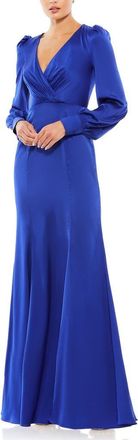 Mac Duggal Satin Ruched Bishop Sleeve Gown in Royal Blue at Nordstrom, Size 12