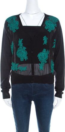 Escada Black Contrast Floral Embroidered Samaya Cropped Cardigan