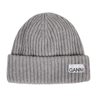 Ganni Ribbed Beanie Hat - female - Ganni - Accessories - Gray - ONE SIZE - Accessories