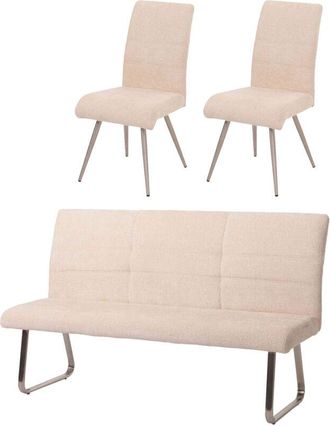 Hhg Hhg - Nunca Usado] Juego De Comedor 221, Juego De 2 Sillas + Banco 180cm, Acero Inoxidable Cepillado Tela/textil Chenilla, Crema
