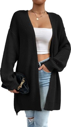 Feoya Womens Open Front Cardigan Ribbed Sweater Oversized Knitwear Women Draped Sweaters Coat with V Neck Long Sleeve Knitted Cardigans for Womens Black S