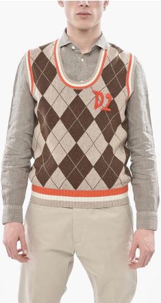 Dsquared2 Sleeveless Wool-Blend Crewneck Sweater with Argyle Pattern size L