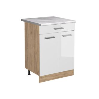 Vicco Mueble Bajo De Cocina R-line, Blanco Alto Brillo/roble Dorado, 60 Cm Con Caj&oacute;n Encimera M&aacute;rmol, Vicco