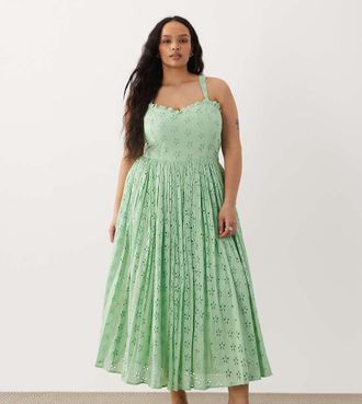 Lace & Beads Plus Vestito al polpaccio stile corsetto in pizzo di cotone verde acceso
