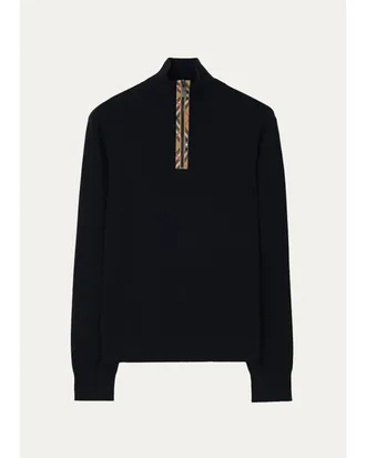 Burberry Mens Cameron Check-Trim Wool Half-Zip Sweater