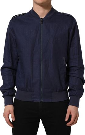 Dolce & Gabbana Blue Linen Full Zip Men Bomber Jacket Clothing