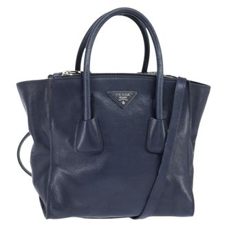 Prada Cuir Convertible Shopping Tote Leather Navy Leather Handbag (Pre-Owned)