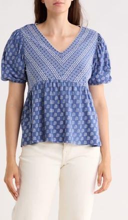 Lucky Brand Mixed Print Puff Sleeve Cotton Babydoll Top in Blue Floral at Nordstrom Rack, Size X-Small