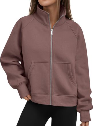 Generic Womens Jacket Full Zip Fleece Lined Sports Jacket Ladies Long Sleeve Stand Collar Sweatshirt with Pockets Plain Loose Jumpers Sweat Top Warm Coats The