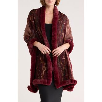 La Fiorentina Faux Fur Trim Chain Print Wrap Scarf in Red at Nordstrom Rack