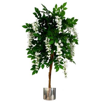 Leaf Artificial Wisteria Tree 130cm Luxury Wisteria 130cm Trunk Silver Metal Planter in Green