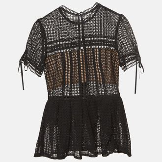 Self Portrait Black Cotton Blend Peplum Blouse