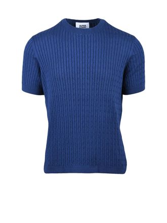 Alpha Studio Indigo Cotton Cable Knit Crew Top