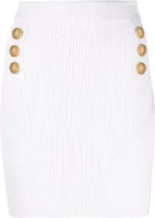 Balmain Cream Ribbed Knit Mini Skirt with Gold Button Detail Size M