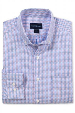 Scott Barber Mens Jacquard Plaid Cotton Windowpane Check Sport Shirt In Pink And Blue