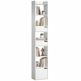 HOMCOM Homcom Estanter&iacute;a Para Libros Con 2 Cajones Y Puerta, Librer&iacute;a Estrecha Con 6 Estantes Abiertos, Armario Alto Para Sal&oacute;n, 32x24x181,5 Cm, Blanco