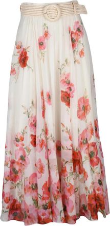 Zimmermann Gauzed Midi Skirt With Raffia Belt And Floral Print