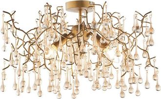 Loops Aged Gold Semi Flush Ceiling Light with Glass Droplets 3 Bulb Low Hanging Light
