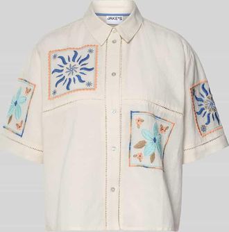 Jake*s Casual Bluse aus Leinen-Baumwoll-Mix mit Motiv-Stitching in Beige, Gr&ouml;&szlig;e 34