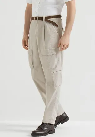 Brunello Cucinelli Garment-dyed trousers in cotton narrow wale corduroy with cargo pockets and waist tabs in White at Nordstrom, Size 52