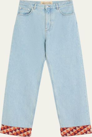 Valentino Garavani Mens Wide-Leg Jeans with Embroidered Cuffs