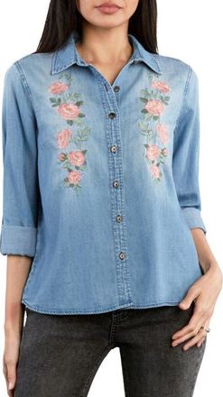 BILLY T Rose Embroidered Denim Shirt in Washed Denim at Nordstrom, Size X-Small