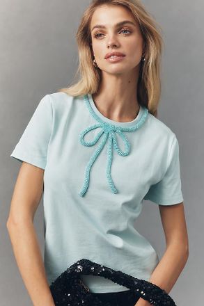 English Factory Beaded Bow Cotton T-Shirt Top