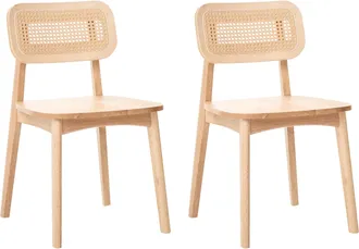Beliani Conjunto De 2 Sillas De Comedor Sin Brazos Con Respaldo De Rat&aacute;n Trenzado Y Asiento De Madera De Caucho Marr&oacute;n Claro Keno