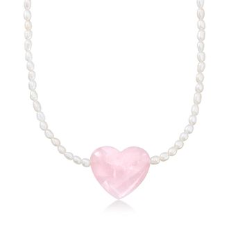 Ross-Simons 4-4.5mm Cultured Pearl and Rose Quartz Heart Necklace With 18kt Gold Over Sterling