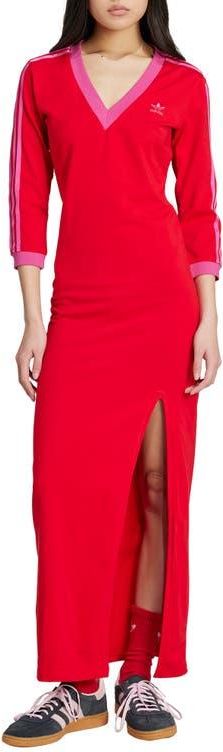 Adicolor Classics 3-Stripes Maxi Dress in Scarlet/Semi Lucid Fuchsia at Nordstrom, Size Medium