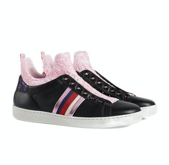 Gucci pink web lace black leather trainers Size 37
