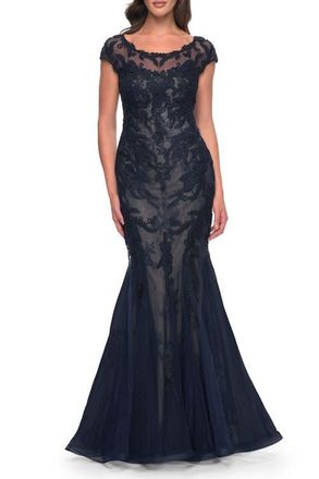 La Femme Mermaid Lace Dress with Cap Sleeves and Illusion Neckline in Navy at Nordstrom, Size 10