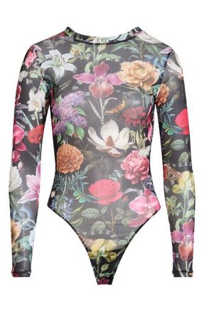 Kilo Brava Floral Print Mesh Long Sleeve Teddy in Garden Of Eden at Nordstrom, Size Xx-Large