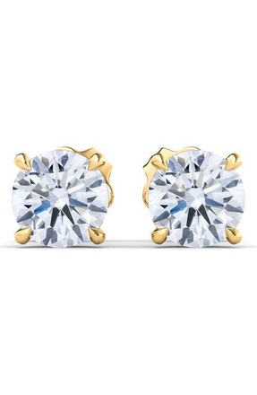 HauteCarat Round Brilliant Cut Lab Created Diamond Stud Earrings in 4.00 Ctw Yellow Gold at Nordstrom