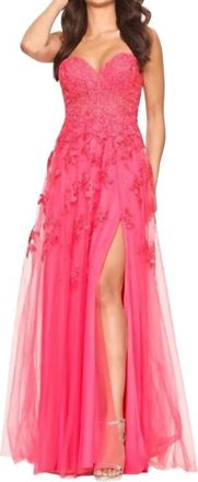 Faviana Tulle Applique Gown In Hot Pink