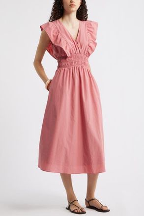 Nordstrom Flutter Sleeve Smocked Waist Midi Dress in Pink Clay at Nordstrom, Size Xx-Large