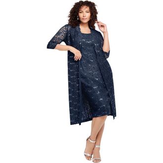 Roaman's Plus Size 3/4 Sleeve Formal Duster Sequin Embellished Lace Dress Set in Navy at Nordstrom, Size 22