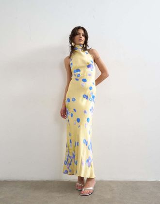 Topshop Vestito midi allacciato al collo in raso color latticello a fiori blu-Giallo