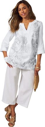 Jessica London Linen V Neck Embroidered Tunic in White Black Leaf Embroidery at Nordstrom, Size 24