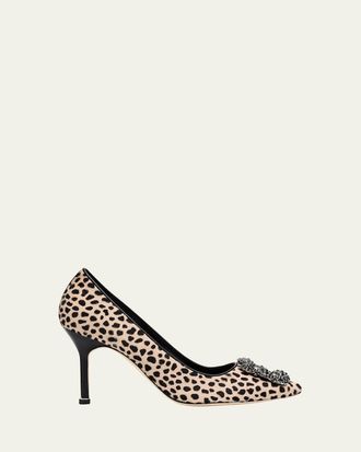 Manolo Blahnik 90mm Hangisi Calf Hair Pumps with Crystal Buckle