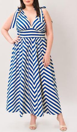 Flying Tomato Stripe Tie Strap Cotton Maxi Dress in Ivory Blue at Nordstrom Rack, Size 2 X