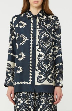 Max Mara Patchwork Jersey Button-Up Shirt in Navy at Nordstrom, Size 10