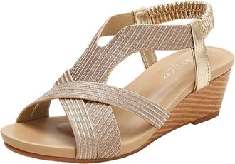 Generic Womens Bohemian National Style Summer Holiday Travel Sandals with Open Toe Comfort Slope Heel Design (Gold, 6.5)