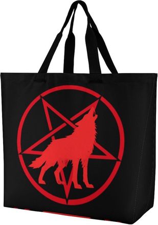 Generic Wolf And Pentagram Symbol Large Reusable Shopping Bag Lightweight Foldable Tote Bags Washable Shoulder Handbag